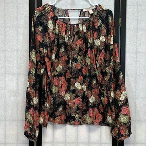 Forever 21 Boho Floral Peasant Blouse Long Raglan Sleeve Tie V-Neck Top Black L